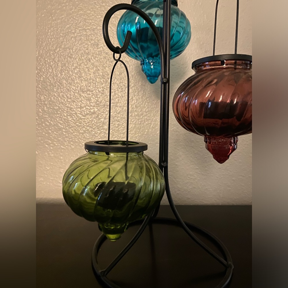 Moroccan Iron & Glass Tea Light Candle Holder Trio | Boho Home Decor - Picture 3 of 6